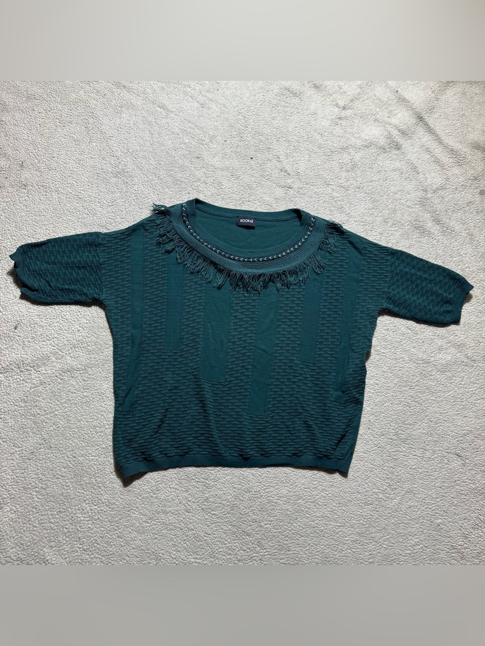 Kookai Top Womens 2 Green Short Sleeve Knit Fringe Neckline‎ Accent Sweater Tee